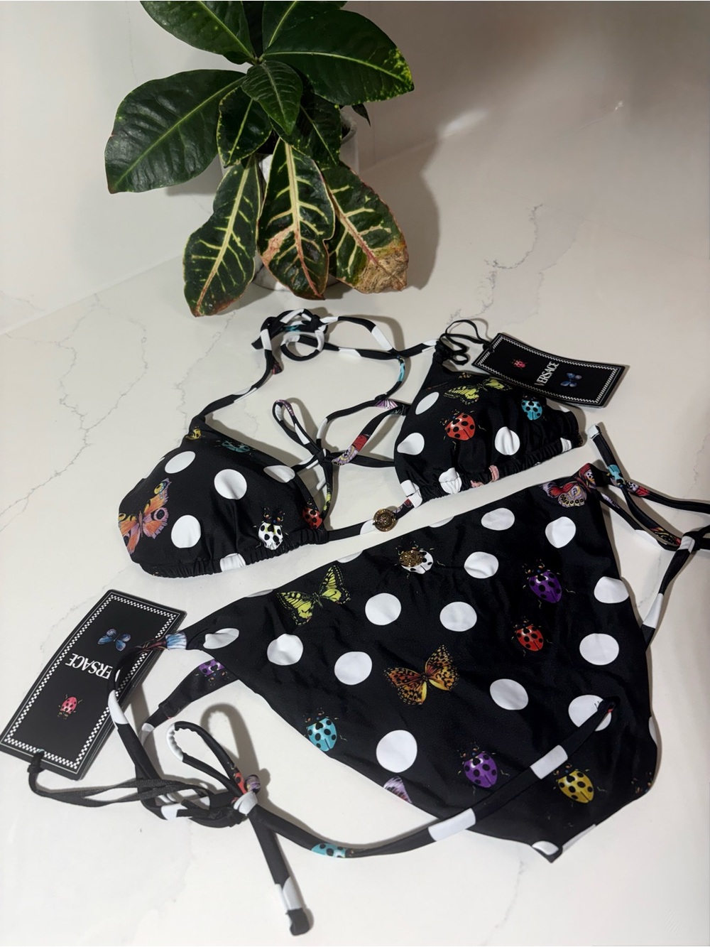 Versace Black Polka Dot Bikini with Colorful Bug and Butterfly Print